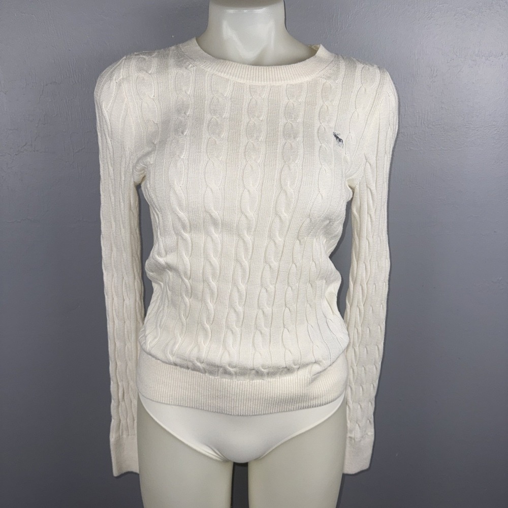Abercrombie & Fitch Sweater Women's XS Ivory Cable Knit Logo Y2K *READ